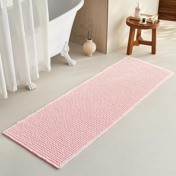 Light Peachy Pink Long Bathroom Rugs, Waffle Runner Rug Bathroom Non Slip Washable Quick Dry Cute Bath Mat Boho Farmhouse Bath Mat, 72"x24" Light Peachy Pink