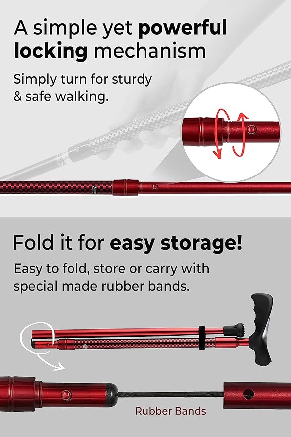 Ergo Walking Cane for Men & Women - Adjustable Foldable Walking Stick (Right-Handed Black Cane)