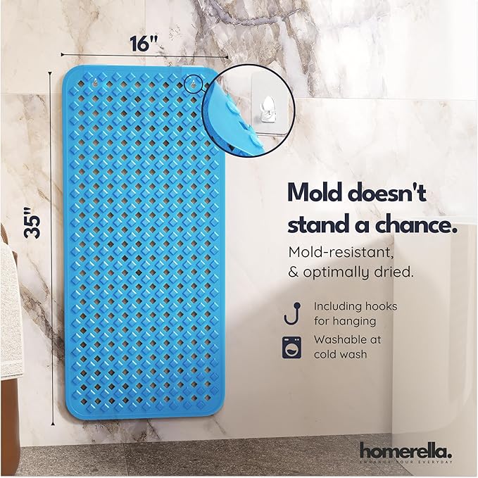 homerella® Bathtub Mat Non Slip 35x16, Incl. Hooks for Drying, Extra Long, 100% BPA Free, Shower Mat Non Slip Anti Mold, Machine Washable, Shower Mats for Inside Shower Mildew Resistant