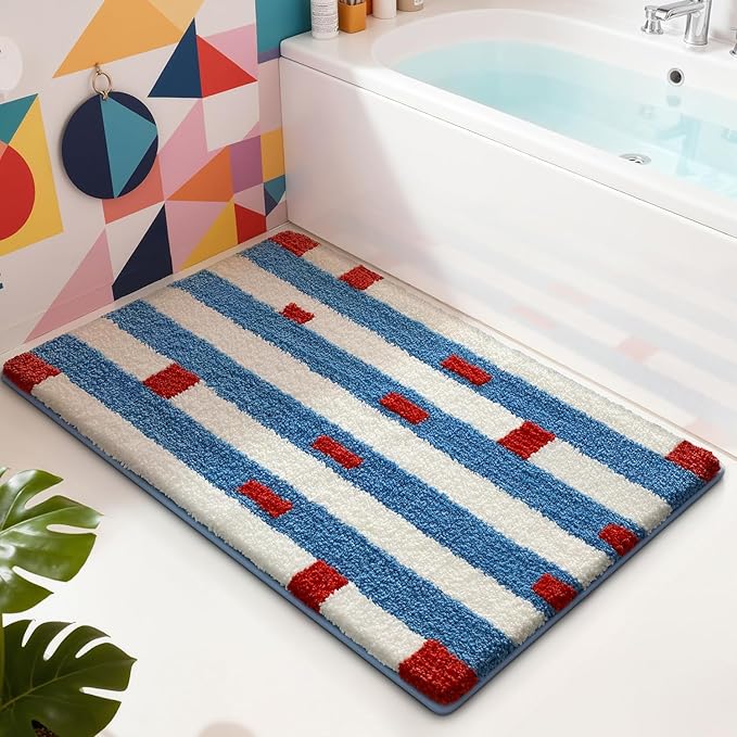 LUMI Bathroom Rugs with Blue White Stripe, Soft Absorbent Bath Mat for Modern Home Decor, Non-Slip Quick-Dry Bath Rug, Machine Washable Floor Mat for Shower and Tub, Entryway, 24"x36", Brick Line