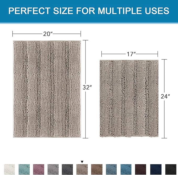 Non Slip Thick Shaggy Chenille Bathroom Rug Mat Set Extra Soft and Absorbent Striped Floor Rugs, 2 Piece, Machine-Washable
