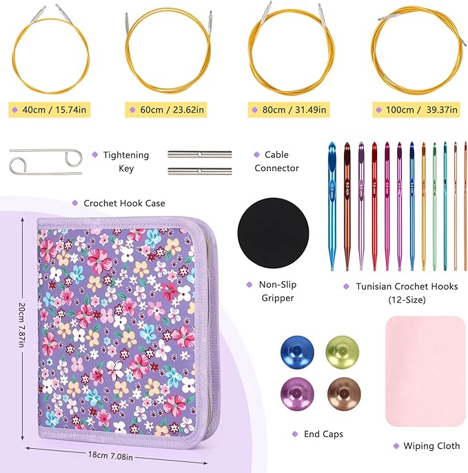 Coopay Tunisian Crochet Hooks Set, 12-Size (3.0mm-10.0mm) Interchangeable Crochet Hooks with 4 Cables (40/60/80/100cm), Smooth & Ergonomic, Perfect for Crocheting Blankets, Dolls, Shawls - Ideal Gifts