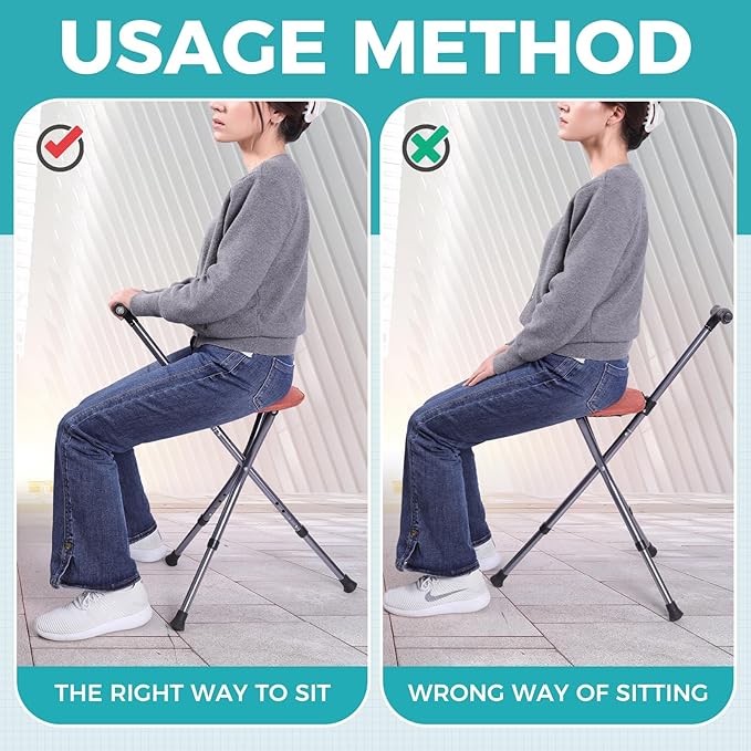 Portable Adjustable Folding Walking Cane with Seat and Cushion，Cane seat for Seniors with Magnetic Massage Handle, Lightweight Walking Cane with LED Light，Supports up to 330 Pounds