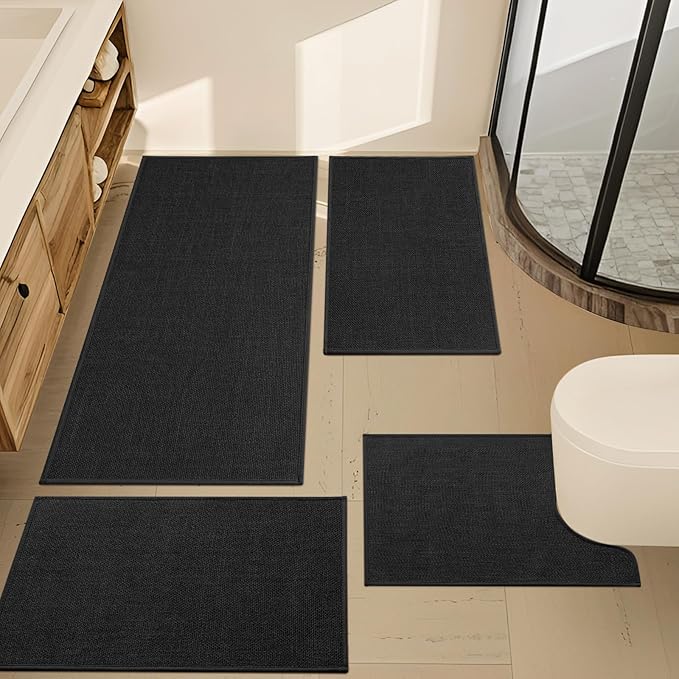YIHOUSE Black Bathroom Rug Sets 4 Piece, Absorbent Bath Mat for Bathroom Non Slip Washable, Bathroom Mat Quick Dry, Thin Bath Rug Set for Toilet and Floor