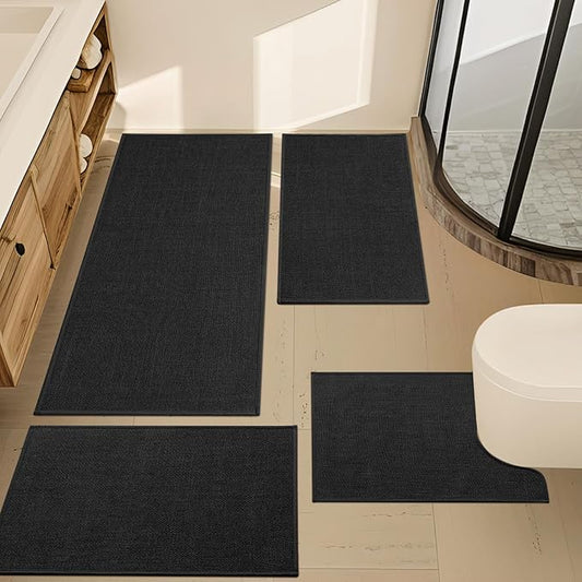 YIHOUSE Black Bathroom Rug Sets 4 Piece, Absorbent Bath Mat for Bathroom Non Slip Washable, Bathroom Mat Quick Dry, Thin Bath Rug Set for Toilet and Floor