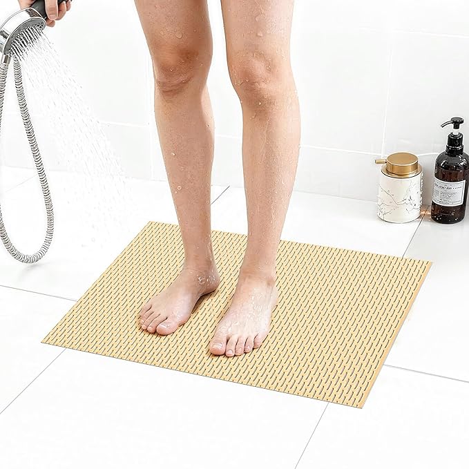 Extra Large Non-Slip Shower Mat, Fast-Dry PVC Bath Stall Tub Mat, Drain-Hole Design for Shower Stall Tub for Elderly/Kids, Non Slip Bath Mat Bathroom Safety Accessory, Khaki 24"x16"