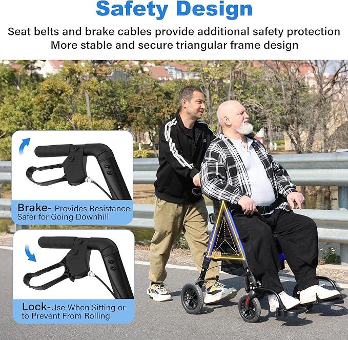 Walkers for Seniors,Heavy Duty Rollator Walker Wheelchair Combo, 2 in 1 Rollator Transport Chair with Brakes, 450 lb Rolling Walker 10" Big Wheels for All Terrain, Blue