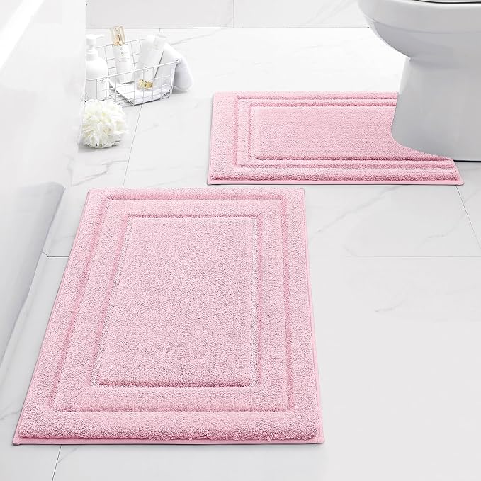 HOMEIDEAS Bathroom Rugs Sets 2 Piece, Super Soft and Absorbent Non Slip Microfiber U-Shaped Toilet Bath Mat Set (20"x32"+U20 x24, Light Pink)