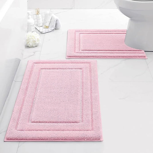 HOMEIDEAS Bathroom Rugs Sets 2 Piece, Super Soft and Absorbent Non Slip Microfiber U-Shaped Toilet Bath Mat Set (20"x32"+U20 x24, Light Pink)