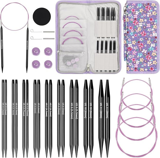 Katech Interchangeable Knitting Needles Set- 9 Pairs Circular Knitting Needles Size 2.5, 4, 5, 6, 7, 8, 9, 10,11, Round Knittings Needle with Cable and Case Accessories for Sweater Sock, Blanket