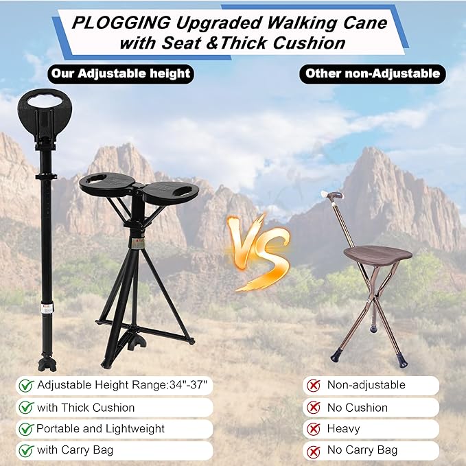 Walking Cane with Seat Folding Lightweight, Portable Cane Seat with Carry Bag, Walking Stick with Seat for Seniors & Adults, Foldable Adjustable Cane Chair for Travel Hiking