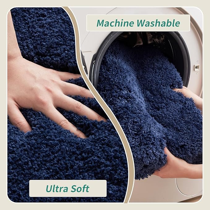 Bathroom Rugs 24x48 Non Slip Navy Fluffy Bath Mat for Bathroom Floor Washable Plush Luxury Bath Rug for Tub Soft Shaggy Absorbent Shower Sink Mat