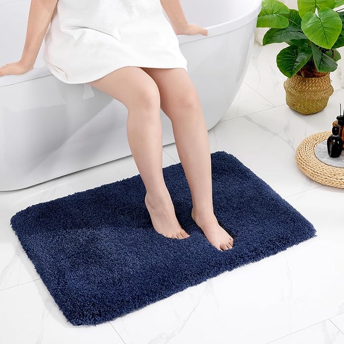 Navy Bathroom Rug 20x32 Non Slip Fluffy Bath Mat for Bathroom Floor Washable Plush Luxury Bath Rug for Tub Soft Shaggy Absorbent Shower Sink Mat