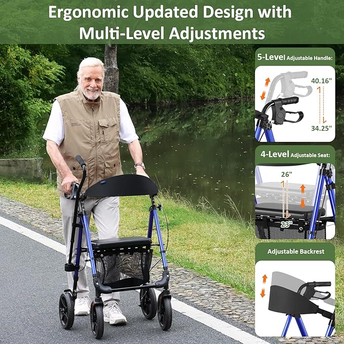 WALK MATE Walkers for Seniors, Rollator Walker with Seat 4 x10 Inch Big Wheels, Foldable All Terrain Rolling Walker, Lightweight Mobility Aid with Adjustable Height, 350lb Weight Capacity, Blue