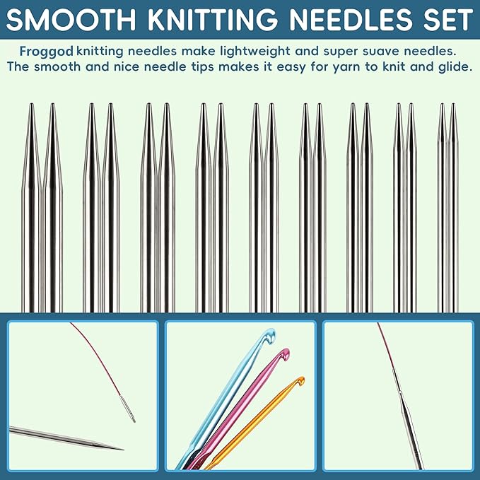 Froggod 4.5-Inch Aluminum Lace Interchangeable Circular Knitting Needle Set, Sizes US 1, 1.5, 2, 2.5, 4, 5, 6, 7 Interchangeable Knitting Needles Lace-Tip with 4 Assorted Cables with Project Bag