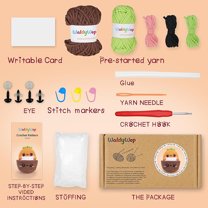WaldyWop Beginner Crochet Kit for Kids: Wobbles Crocheting Starter Kits for Girls - Learn to Crochet Set w/Step-by-Step Video - Complete Knitting Kit, Easy Crochet Yarn, Birthday Gifts for Women