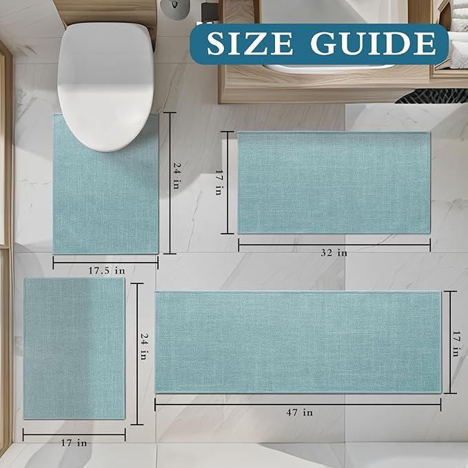 YIHOUSE Blue Bathroom Rug Sets 4 Piece, Bathroom Mat Quick Dry, Thin Bath Rug Set,Absorbent Bath Mat for Bathroom Non Slip Washable for Toilet and Floor