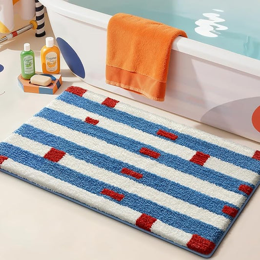LUMI Bathroom Rugs with Blue White Stripe, Soft Absorbent Bath Mat for Modern Home Decor, Non-Slip Quick-Dry Bath Rug, Machine Washable Floor Mat for Shower and Tub, Entryway, 24"x36", Brick Line