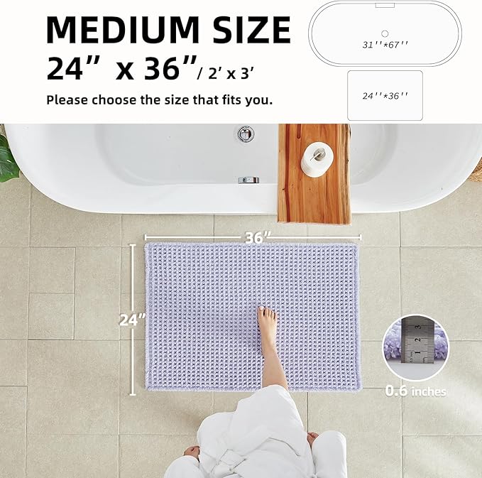 Waffle Bath Mat, Boho Bathroom Rugs Non Slip Washable Super Absorbent Quick Dry Cute Bath Mat Farmhouse Bathroom Decor, 36''x24'' Lavender Cream