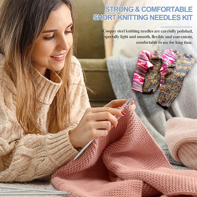 Coopay Short Double Pointed Knitting Needles Kit 20cm, Double Ended Stainless Steel Needles 2.0mm to 5.0mm, DPNS Knitting Pins Set for Beginner & Kids, Sock Knitting Needles 35 Pack & Knitting Gauge