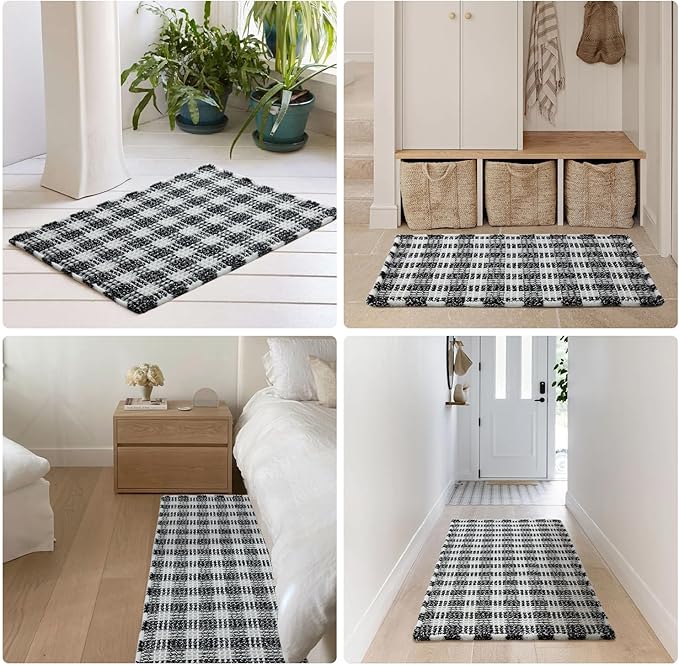 Waffle Bath Mat, Boho Bathroom Rugs Non Slip Washable Absorbent Checkered Bathroom Mat Quick Dry Farmhouse Bathroom Decor, 24"x16" Black and White
