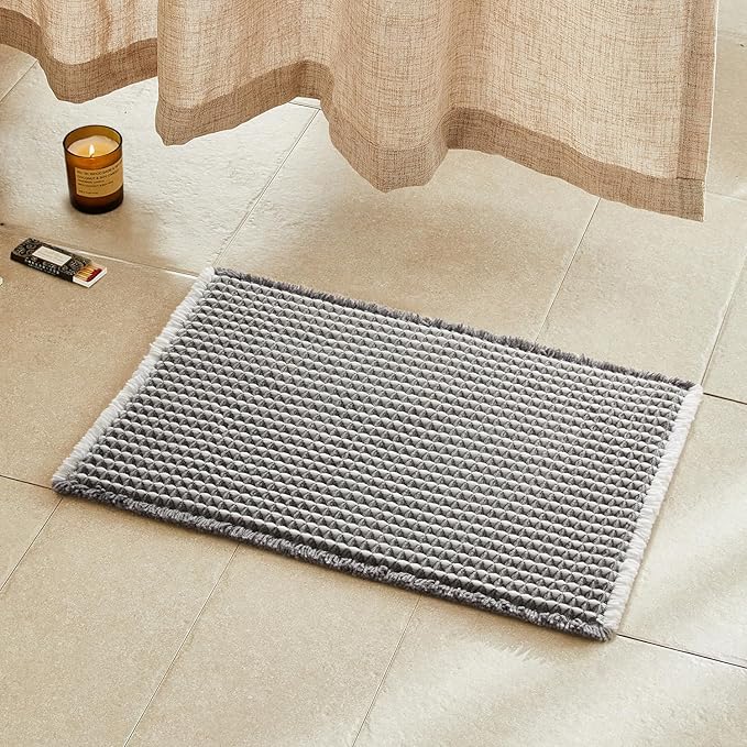 Waffle Bath Mat, Boho Bathroom Rugs Non Slip Washable Super Absorbent Quick Dry Bath Mat Farmhouse Bathroom Decor, 24"x16" Grey and White