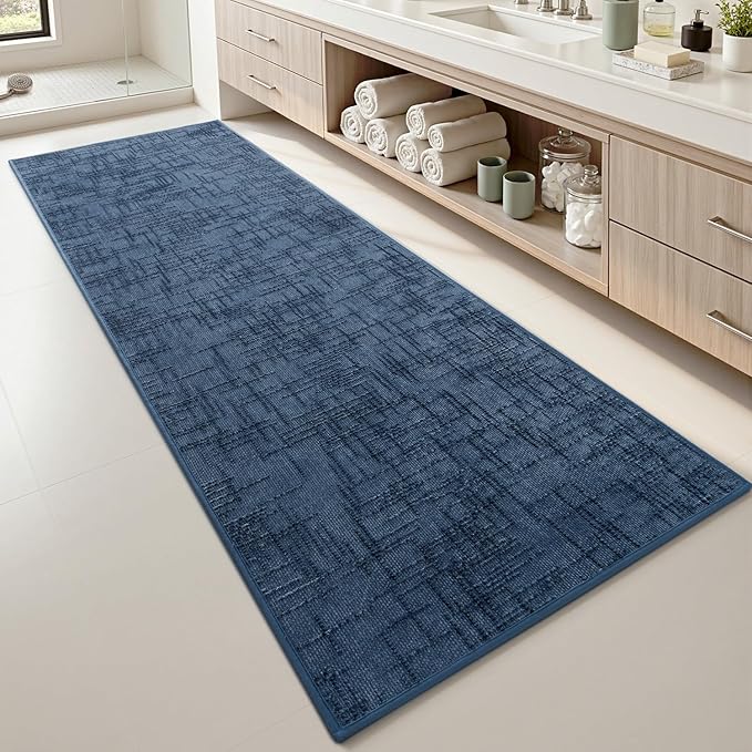 AMOAMI Bath Mat Non Slip Super Absorbent Quick Dry Bath Mats for Bathroom Floor Rubber Backing Washable Bathroom Rugs Modern Woven Jacquard Mat, Beside Tub Bath Rugs, 2' x 5', Blue