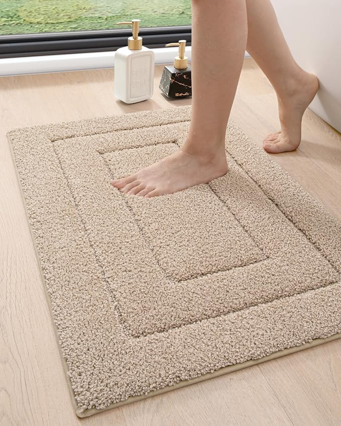 DEXI Bathroom Rug 24x16, Non Slip Washable Bath Mat for Shower Floor, Absorbent Soft Bathmat with Rubber Backing, Quick Dry Microfiber Carpet, Beige