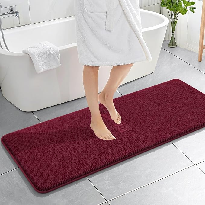 OLANLY Thick Memory Foam Bath Mat Rug 59x20, Extra Soft Absorbent Bathroom Rug, Quick Dry Bath Mats, Non-Slip, Machine Washable Carpet for Bathroom, Tub and Shower, Home Decor Accessories, Burgundy
