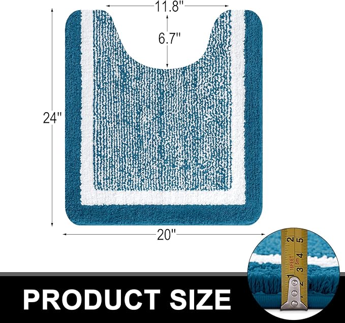 OLANLY Toilet Rugs U-Shaped 24x20, Extra Soft and Absorbent Microfiber Bathroom Rugs, Non-Slip, Machine Wash Dry, Plush Shaggy Contour Bath Mats for Toilet Base (Peacock Blue and White)