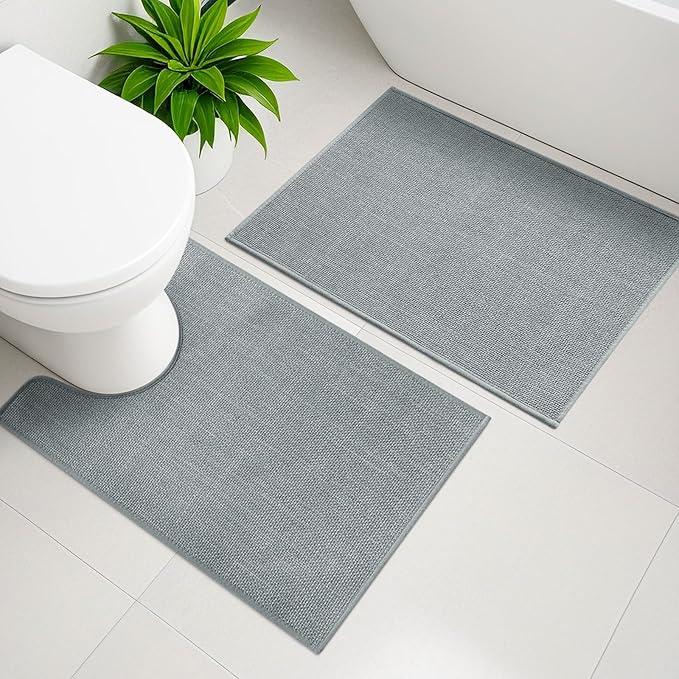 YIHOUSE Light Grey Bathroom Rug Sets 2 Piece, Bath Mat Quick Dry, Thin Bath Rug Set, Absorbent Bath Mat for Bathroom Non Slip Washable for Toilet and Floor 17.5"x24"U+17"x24"