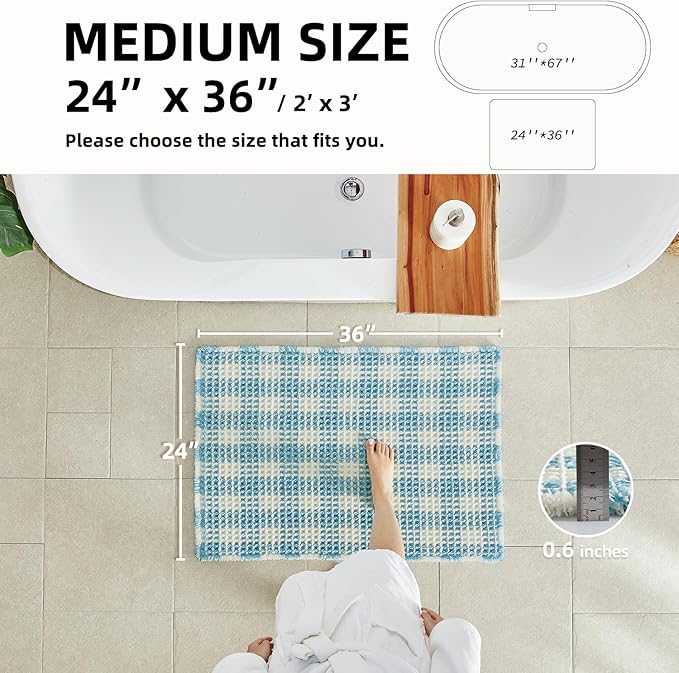 Waffle Bath Mat, Boho Bathroom Rugs Non Slip Washable Absorbent Checkered Bathroom Mat Quick Dry Cute Bath Mat, 36"x24" Blue and White