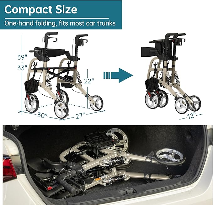 ELENKER 2 in 1 Rollator Walker & Transport Chair for Seniors, Folding Rolling Walker Wheelchair Combo with Wide Seat and Shock Absorber, Champagne