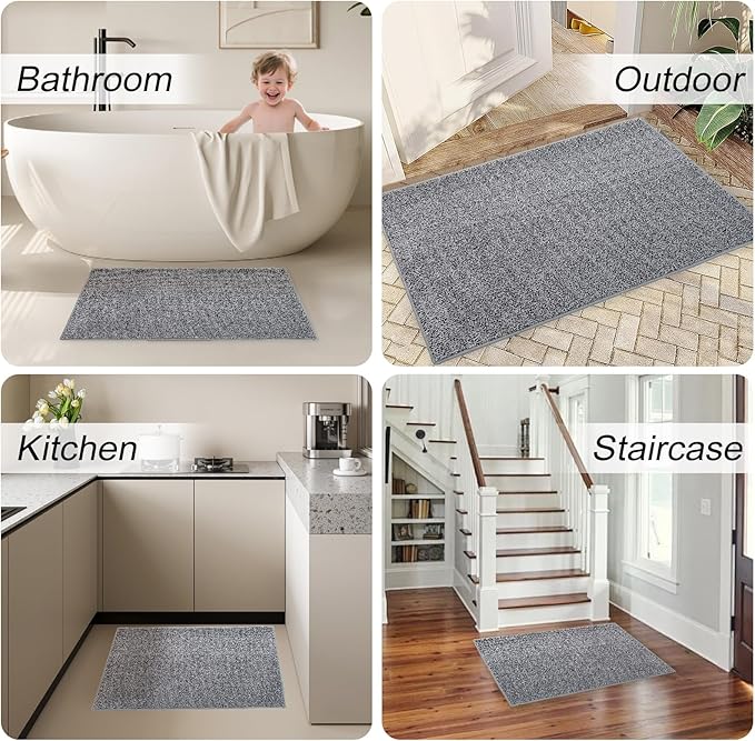 HDFK Bathroom Rugs Non Slip 30x20 Inches 2 Tone Plush Chenille Medium Pile with TPR Backing | Ultra Absorbent Solid Black White | Tub Floor Bath Mat for Shower Door Transitional Zone Decor