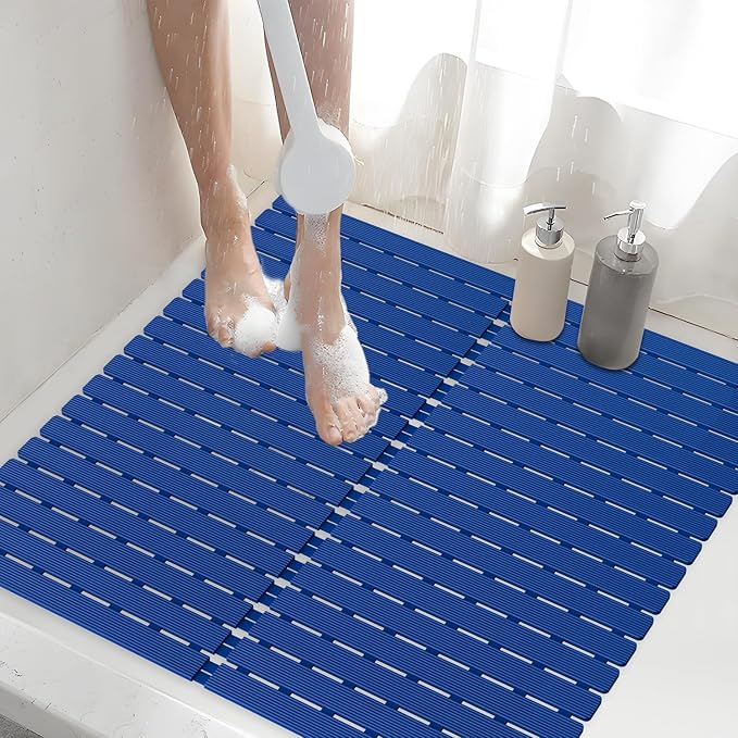 Shower Mat Non-Slip Bath Mat for Tub and Shower Stall,200+ Suction Cups with Drain Holes, Quick Dry Machine Washable, Extra Grip for Elderly and Baby, Bathroom Essentials 24x24 Inch (Blue)