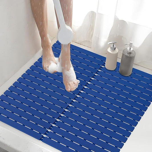 Shower Mat Non-Slip Bath Mat for Tub and Shower Stall,200+ Suction Cups with Drain Holes, Quick Dry Machine Washable, Extra Grip for Elderly and Baby, Bathroom Essentials 24x24 Inch (Blue)