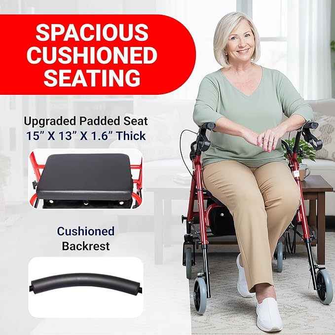 Arrigo Rollator Walker with Large Cushioned Seat – Folding 4-Wheel Steel Rolling Walker with Brakes, Soft Backrest & Zippered Storage – Smooth Ride, Adjustable Height, Supports up to 350 lbs