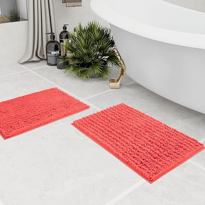 Walensee Bathroom Rug 2 Pieces Set Non Slip Bath Mat (17x24 Plus 20x32 Inch Living Coral) Water Absorbent Super Soft Shaggy Chenille Machine Washable Dry Extra Thick Perfect Carpet for Shower Floor