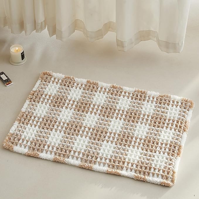 Waffle Bath Mat, Boho Bathroom Rugs Non Slip Washable Absorbent Checkered Bathroom Mat Quick Dry Farmhouse Bathroom Decor, 24"x16" Khaki and White