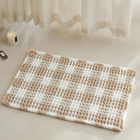 Waffle Bath Mat, Boho Bathroom Rugs Non Slip Washable Absorbent Checkered Bathroom Mat Quick Dry Farmhouse Bathroom Decor, 24"x16" Khaki and White