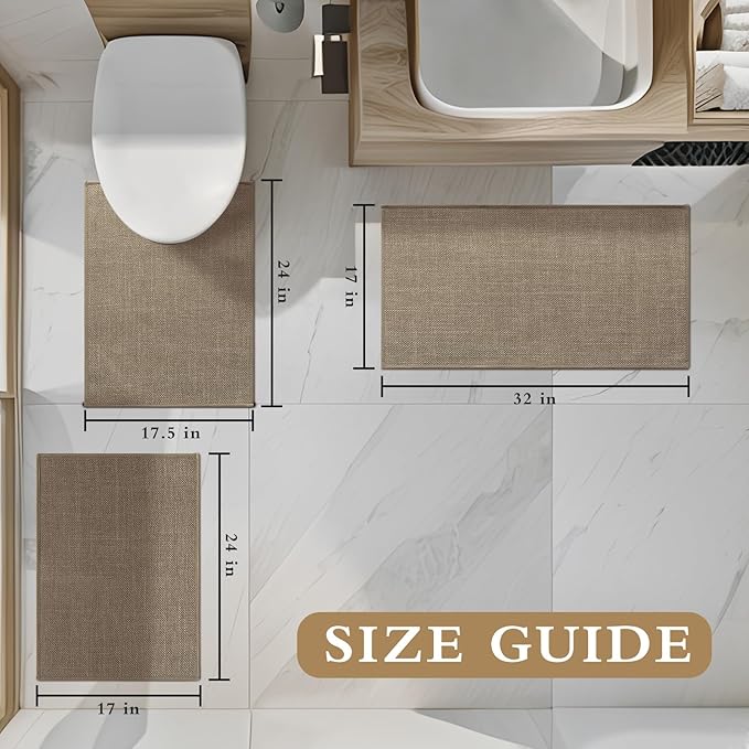 YIHOUSE Brown Bath Rug Set, 3 Piece Dark Beige Absorbent Non Slip Washable, Quick Dry Thin Bath Mat for Toilet and Floor