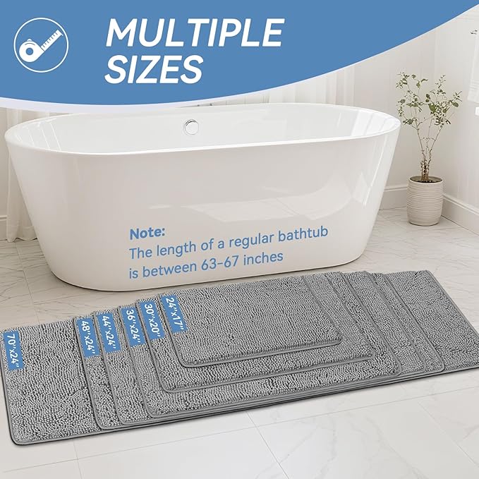 Bcoimo 36"×24" Absorbent Bath Mat, Non-Slip with Backing Chenille Bath Rug and Machine Washable Bathroom Mat Quick-Dry Design. Ideal for Bathroom and Tub Areas