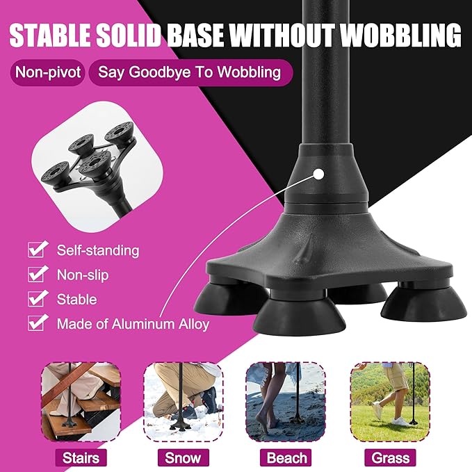 Walking Canes for Seniors Balance with Extended and Thickened Handle. Foldable; Adjustable; Collapsible; Stylish; Quad Cane for Men for Stability (Basic & Black)