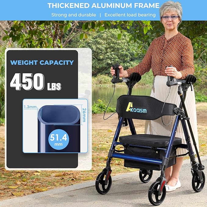 Heavy Duty Upright Walker, Rollator Walkers for Seniors with Seat, Foldable Stand Up Rolling Walker, Standing Walkers for Seniors, Adjustable Seat & Handle, Aluminum, 450 Lb. Weight Capacity, Blue