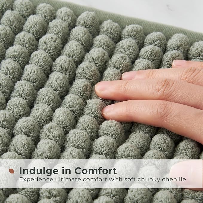 FRESHMINT Thick Chunky Chenille Bathroom Rug, 17"x24", Non Slip Bath Mat, Soft Bathroom Decor, Cute Shower Mat, Water Absorbent, Washable, Sage Green