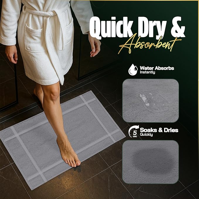 Pearl Linens Pack of 12 Washable Cotton Bath Mat 20x30 - Soft & Absorbent Quick Dry Bathroom Mat Set, Not Bathroom Rugs After Shower Mat, Terry Bath Tub Mat, 687 GSM Light Grey