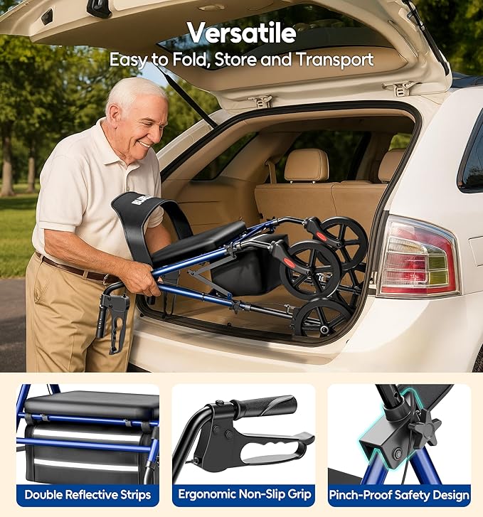 Walkers for Seniors Rollator Walkers with Seat, 350lb Capacity with Cup Holder & Cane Holder, 8'' All Terrain Wheels, Adjustable Handles and Seat Height, Foldable Design, Blue