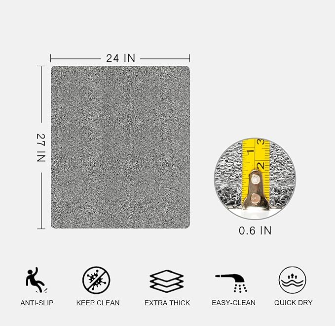 Nonslip Bathtub Mat, Anti Slip Bath Mat 0.6" Extra Thick, Quick Dry Bath Tub Anti Slip Shower Mat, Loofah Non-Slip Bath Mat for Tub Bathroom Pool Kitchen Entryway Home Hotel(Grey 24x27)