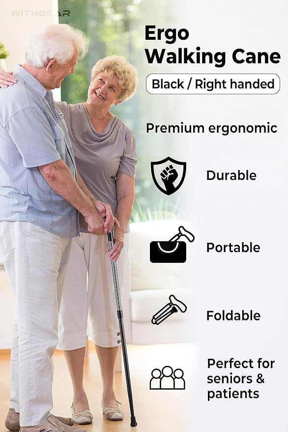 Ergo Walking Cane for Men & Women - Adjustable Foldable Walking Stick (Right-Handed Black Cane)