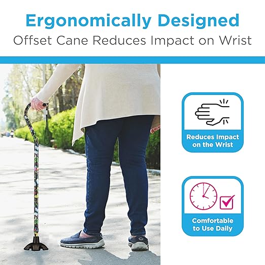 Nova Joy Designer Offset Quad Cane for Seniors - Unisex Adjustable Lightweight Walking Aid with Foam Handle, Wrist Strap and Anti-Rattle Lock - Essential Mobility Support - Butterfly